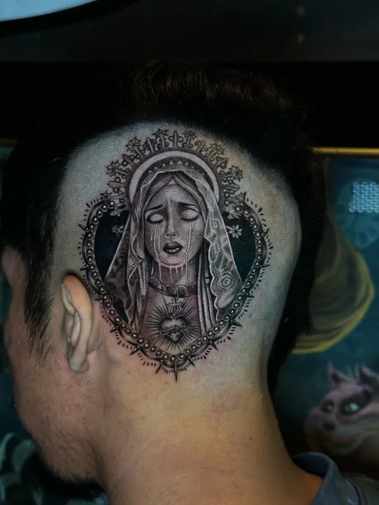 Medium Black and Grey Virgin Mary with Sacred Heart and Lace Frame Tattoo on Men Head by @edgar_tats_951