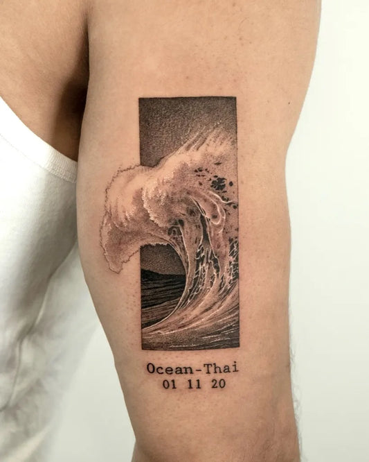 Medium Black and Grey Wave Tattoo on Men Arm by @greycodetattoo