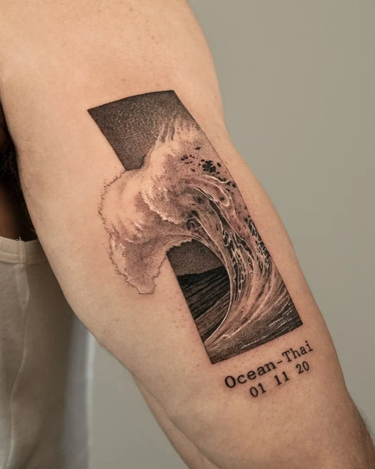 Medium Black and Grey Wave and Ocean Tattoo on Men Arm by @greycodetattoo