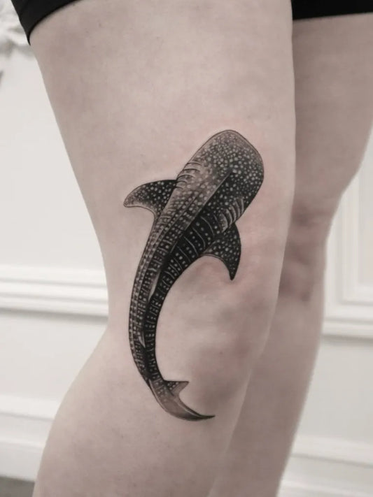 Medium Black and Grey Whale Shark on Women Thigh Tattoo by @tattooforest_ed