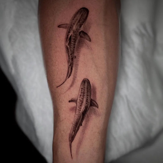 Medium Black and Grey Whale Sharks on Men Arm Tattoo by @frantattoogc