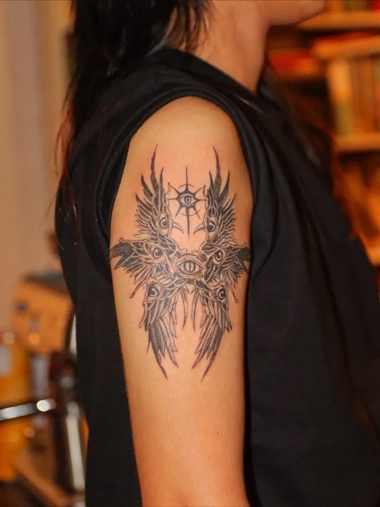 Medium Black and Grey Winged Angel on Women Shoulder Tattoo by @maginhawatattoostudio