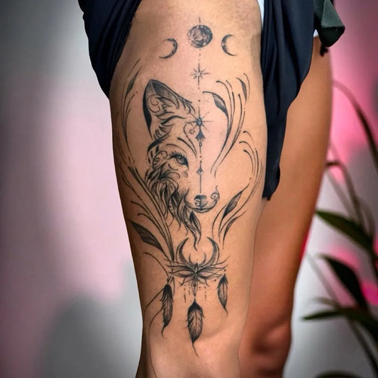 Medium Black and Grey Wolf Dreamcatcher Moon on Women Thigh Tattoo by @charlotparis_inks