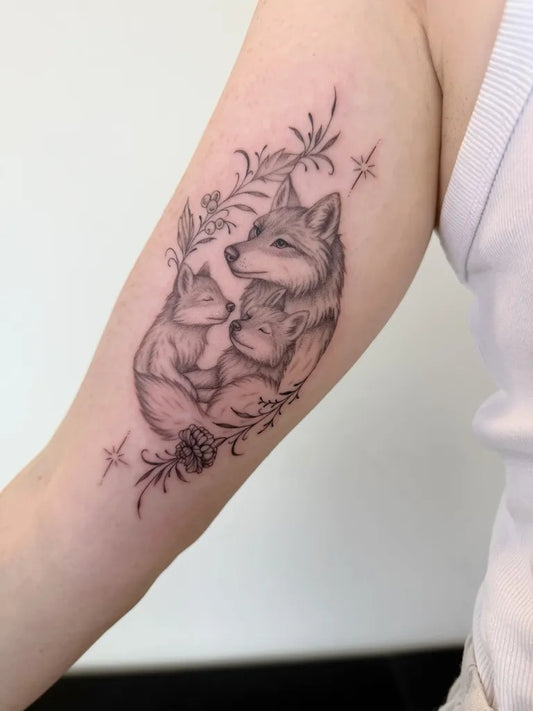 Medium Black and Grey Wolf Family on Women Arm Tattoo by @kah.ink
