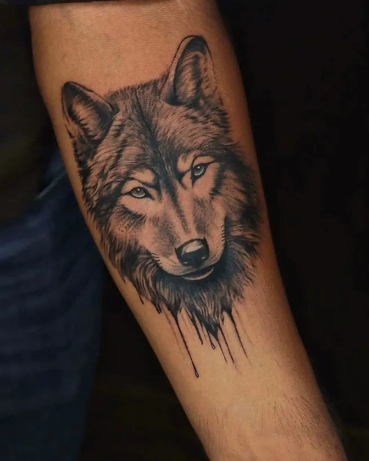 Medium Black and Grey Wolf Head on Men Arm Tattoo by @47tattooo