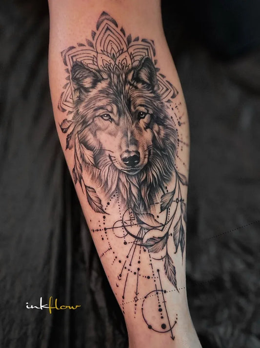 Medium Black and Grey Wolf Mandala on Women Arm Tattoo by @inkflow.at