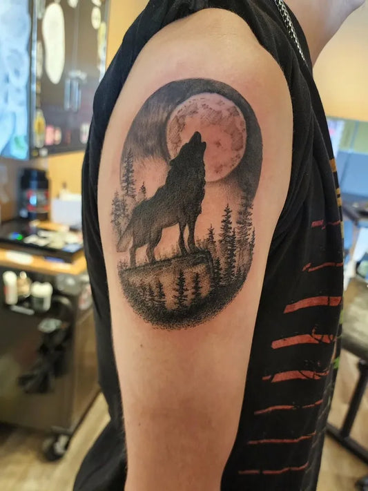 Medium Black and Grey Wolf Moon Trees on Men Arm Tattoo by @mexicantattooartist