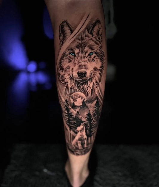 Medium Black and Grey Wolf and Moon Animal Tattoo on Men Leg by @landos_ink