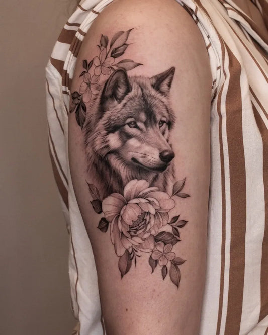Medium Black and Grey Wolf and Peony and Flowers on Women Arm Tattoo by @rachaelsawtelltattoo