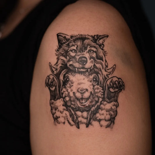 Medium Black and Grey Wolf and Rabbit on Men Shoulder Tattoo by @krys.h_islanderink