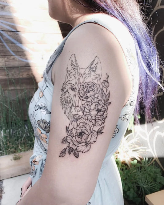 Medium Black and Grey Wolf and Roses on Women Arm Tattoo by @firstjing