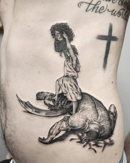 Medium Black and Grey Woman on Bull Tattoo on Men Stomach by @1skeletor3