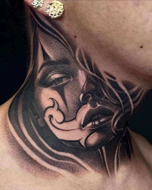 Medium Black and Grey Woman with Clown Face and Smoke Tattoo on Women Neck by @jgarcestattoo