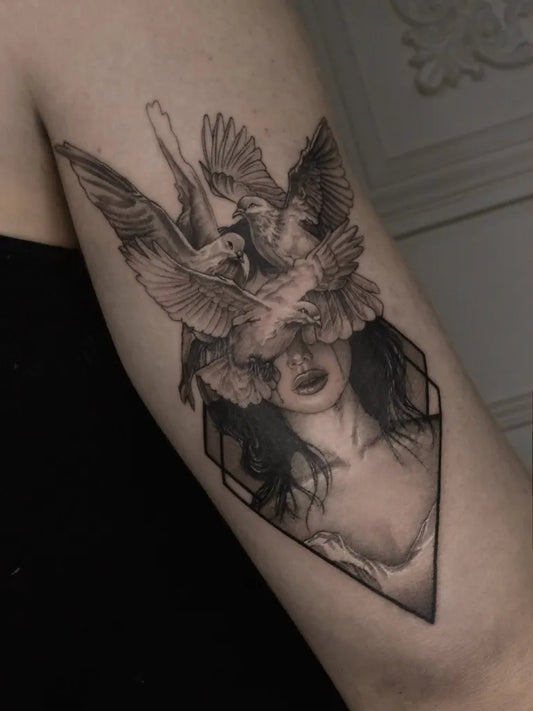 Medium Black and Grey Woman with Doves Tattoo on Women Arm by @j.greyish