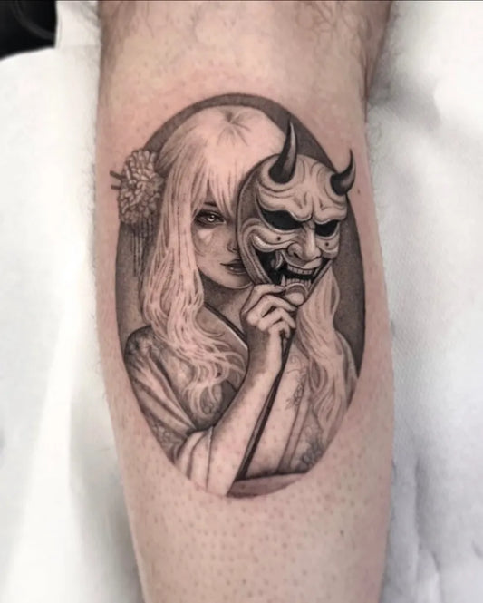 Medium Black and Grey Woman with Hannya Mask Tattoo on Women Arm by @mariaroblestattoo