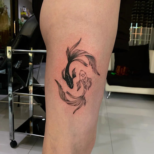 Medium Black and Grey Yin Yang Koi Tattoo on Women Thigh by @gixkomang