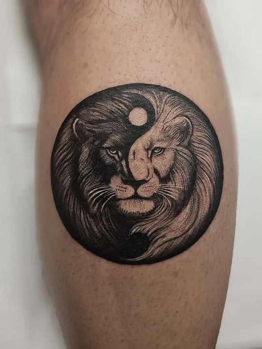 Medium Black and Grey Yin Yang Lion on Men Leg Tattoo by @golonken.art.tattoo