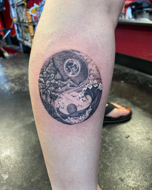 Medium Black and Grey Yin Yang Mountain Wave Tattoo on Women Leg by @tiannaos