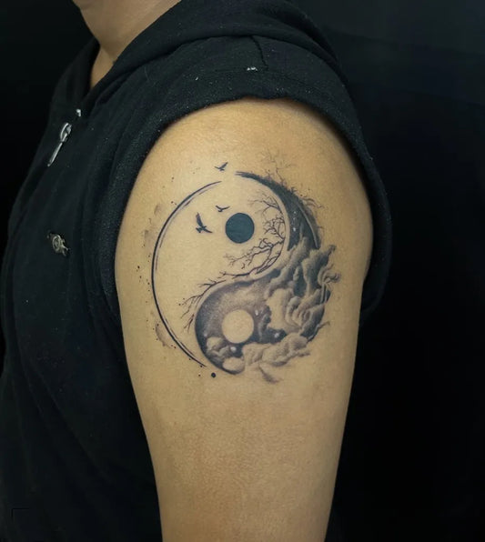 Medium Black and Grey Yin Yang Tree Birds Tattoo on Men Arm by @sea.l.28