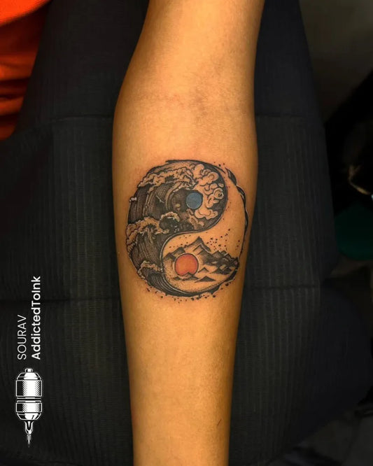 Medium Black and Grey Yin Yang Waves Tattoo on Men Arm by @addic.tedtoink