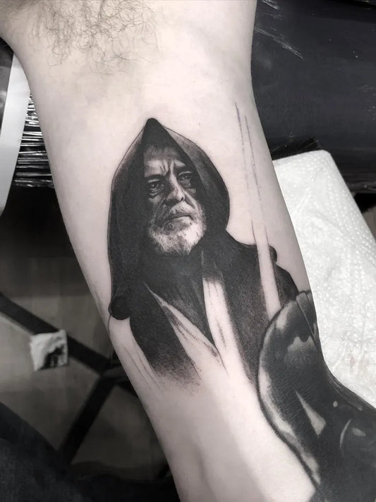 Medium Black and Grey Yoda Star Wars Tattoo on Men Arm by @craigridleytattoo