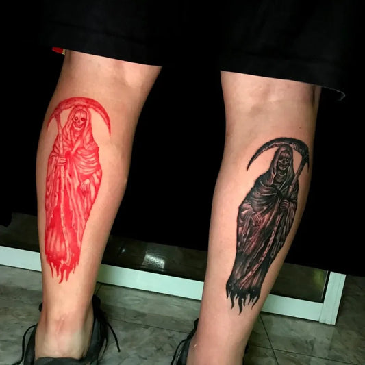 Medium Black and Red Santa Muerte Tattoo on Women Legs by @gusgomez.tattoo