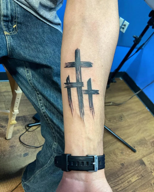 Medium Blackwork 3 Cross Tattoo on Men Forearm by @dmgd.relle