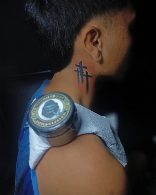 Medium Blackwork 3 Cross Tattoo on Men Neck by @joegel_tattoo
