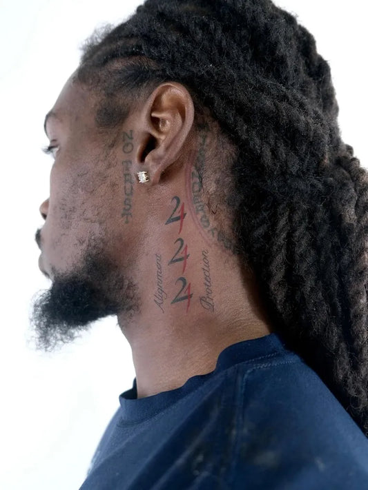 Medium Blackwork 444 Numbers on Men Neck Tattoo by @alven_tatt