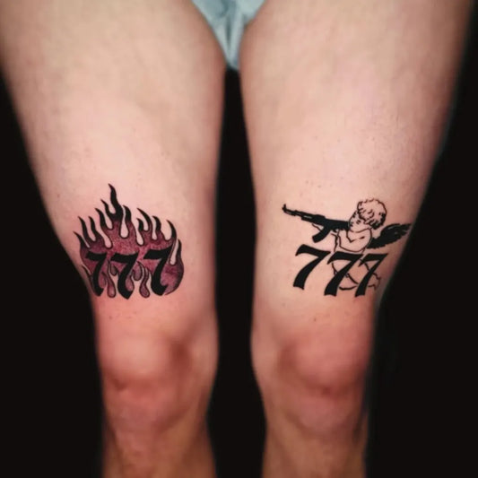 Medium Blackwork 777 Flames Angel Tattoo on Men Knees by @deiviperez_tattoo