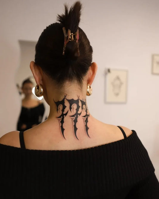 Medium Blackwork 777 Tattoo on Women Neck by @just.tattoo.man