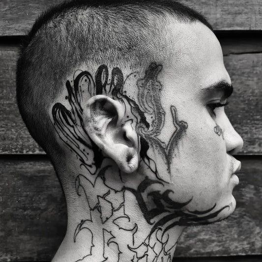 Medium Blackwork Abstract Lines Tattoo on Men Behind the Ear by @delarge.tatts