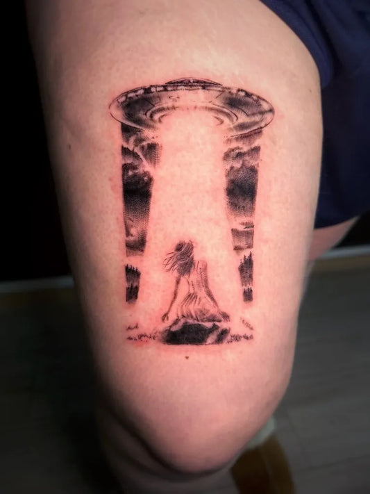 Medium Blackwork Alien Beam Woman Thigh Tattoo on Women by @loaftatts