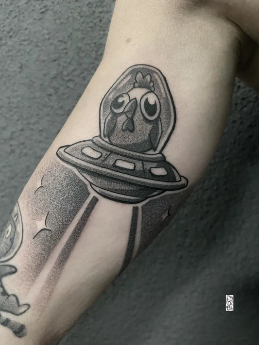 Medium Blackwork Alien Chicken UFO Tattoo on Women Upper Arm by @mickywhite13