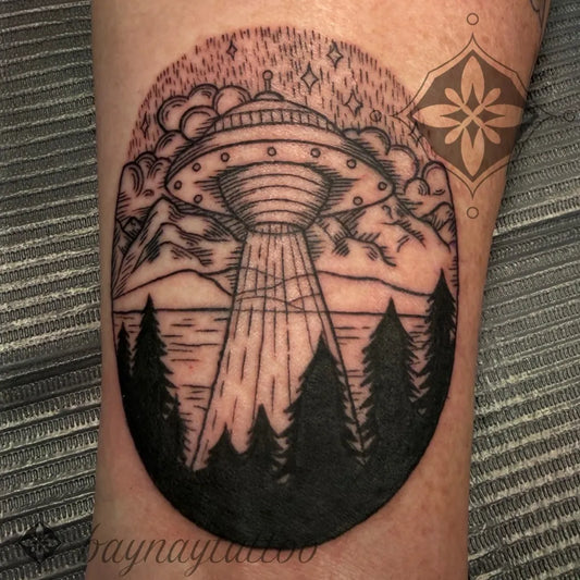 Medium Blackwork Alien UFO Landscape Tattoo on Women Arm by @oldtown_marigold