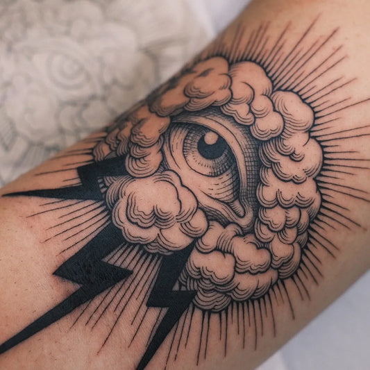 Medium Blackwork All Seeing Eye Cloud Lightning Tattoo on Men Arm by @_donbraga