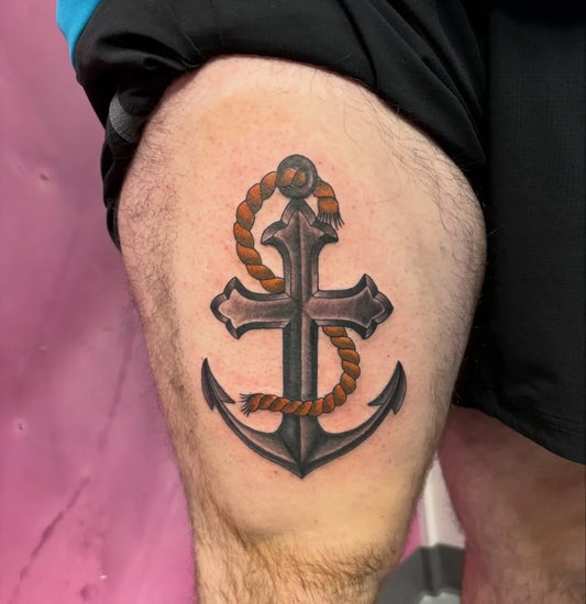 Medium Blackwork Anchor Cross Tattoo on Men Thigh by @azarjatattoo