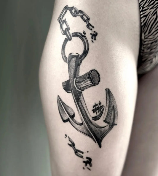 Medium Blackwork Anchor and Chain Tattoo on Women Thigh by @g.papa_l