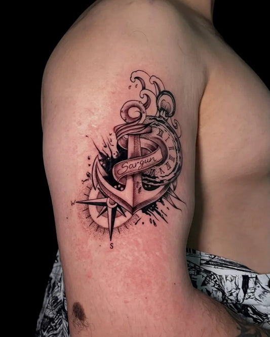 Medium Blackwork Anchor and Compass Tattoo on Men Arm by @kamayatattoostudio