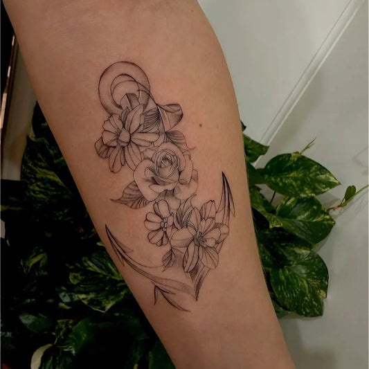 Medium Blackwork Anchor and Roses Tattoo on Women Arm by @sherrymaycosmetics