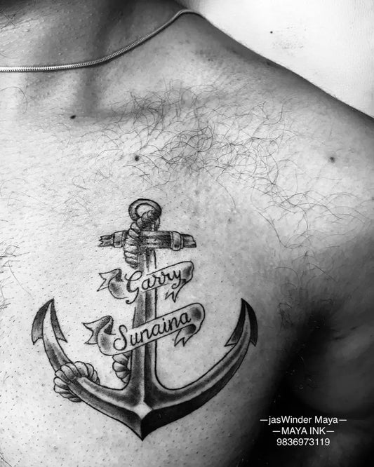 Medium Blackwork Anchor with Names Tattoo on Men Shoulder by @jaswindermaya