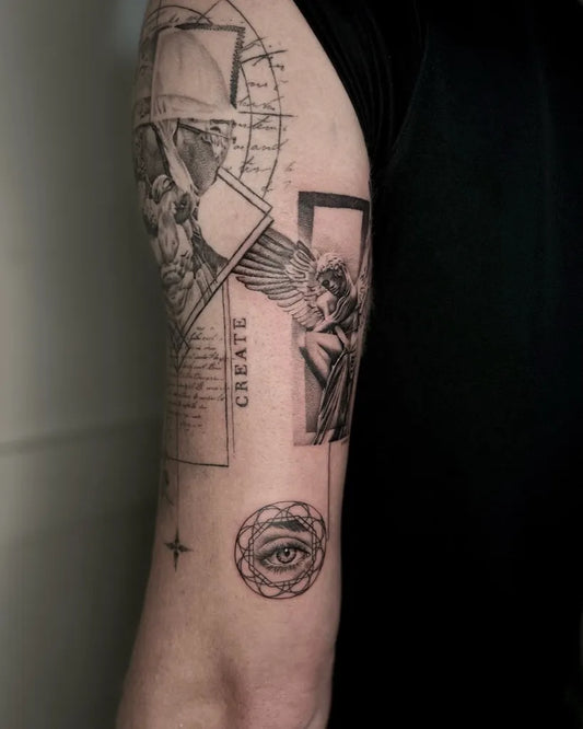 Medium Blackwork Angel and Eye Tattoo on Men Upper Arm by @chlxeelisabeth