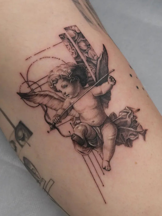 Medium Blackwork Angel with Geometric Elements on Women Arm Tattoo by @tattooforest_ed