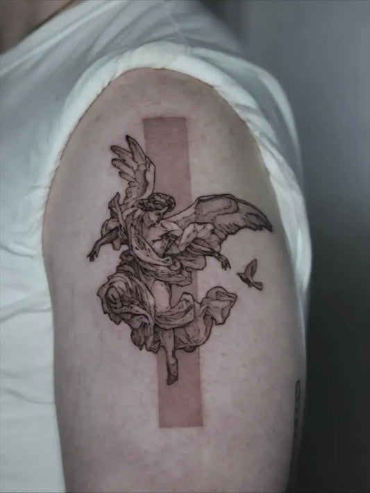 Medium Blackwork Angel with Rose and Bird on Men Shoulder Tattoo by @mr._november_