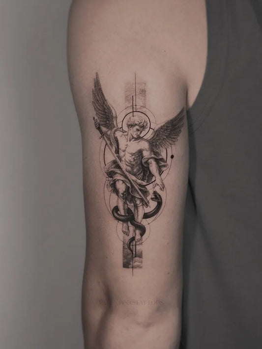 Medium Blackwork Angel with Snake and Wings on Men Arm Tattoo by @valentin.c.tattoos