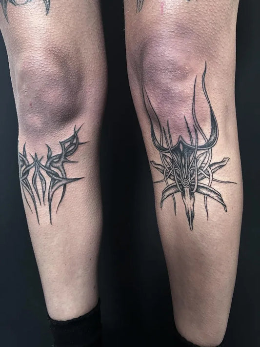 Medium Blackwork AntiChrist Skull Tattoo on Men Knee by @ocrb_tattoo