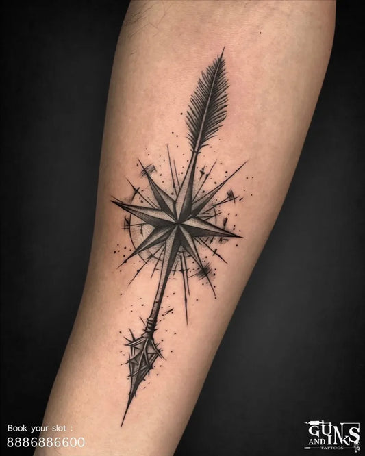 Medium Blackwork Arrow Compass Tattoo on Men Arm by @gunsandinkstattoos