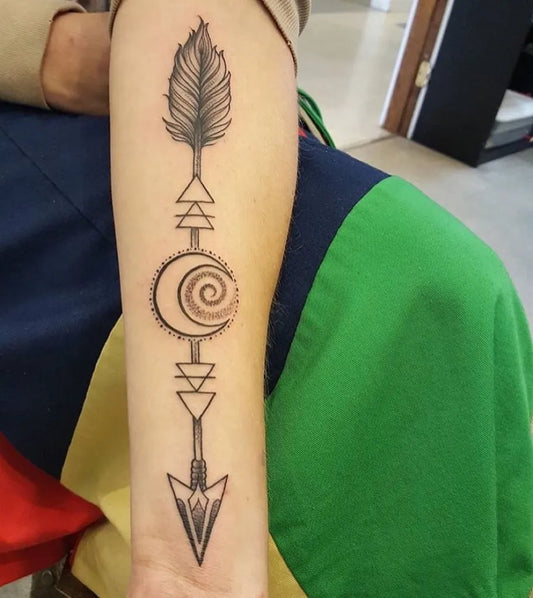 Medium Blackwork Arrow Tattoo on Men Arm by @chalicetattoostudio