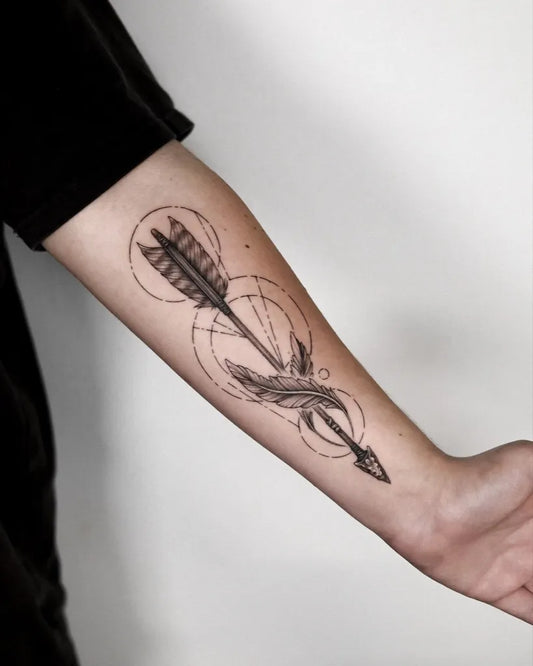 Medium Blackwork Arrow and Geometric Tattoo on Men Arm by @samslaughtertattoo