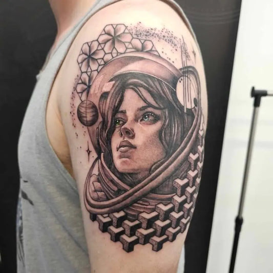 Medium Blackwork AstronautCartoon Tattoo on Men Shoulder by @tattoo_territory_darwin